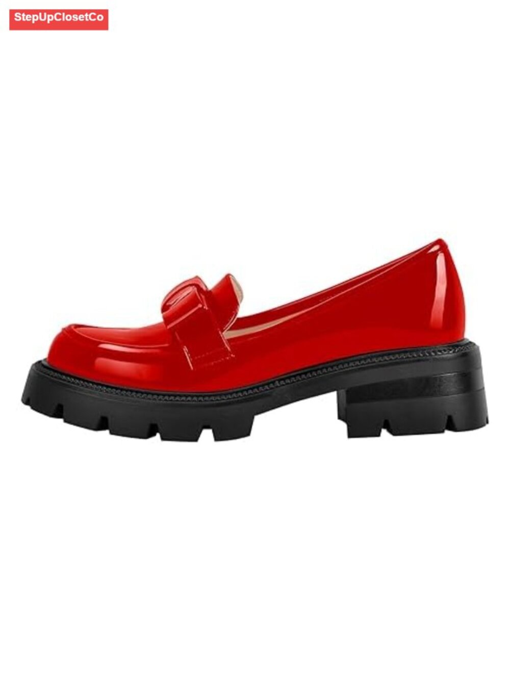 Women's Patent Leather Chunky Loafers Low Heel Platform Round Toe Bow Slip-on